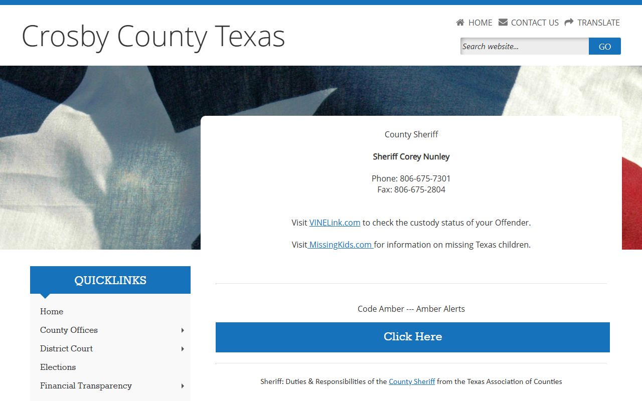 Crosby County Sheriff page for inmate custody contact information